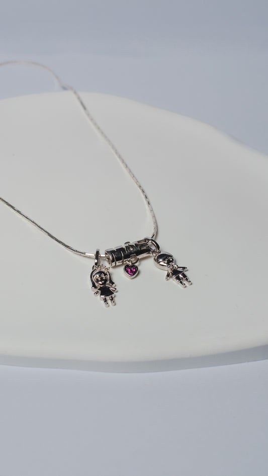 Twin Love Silver Charm Necklace