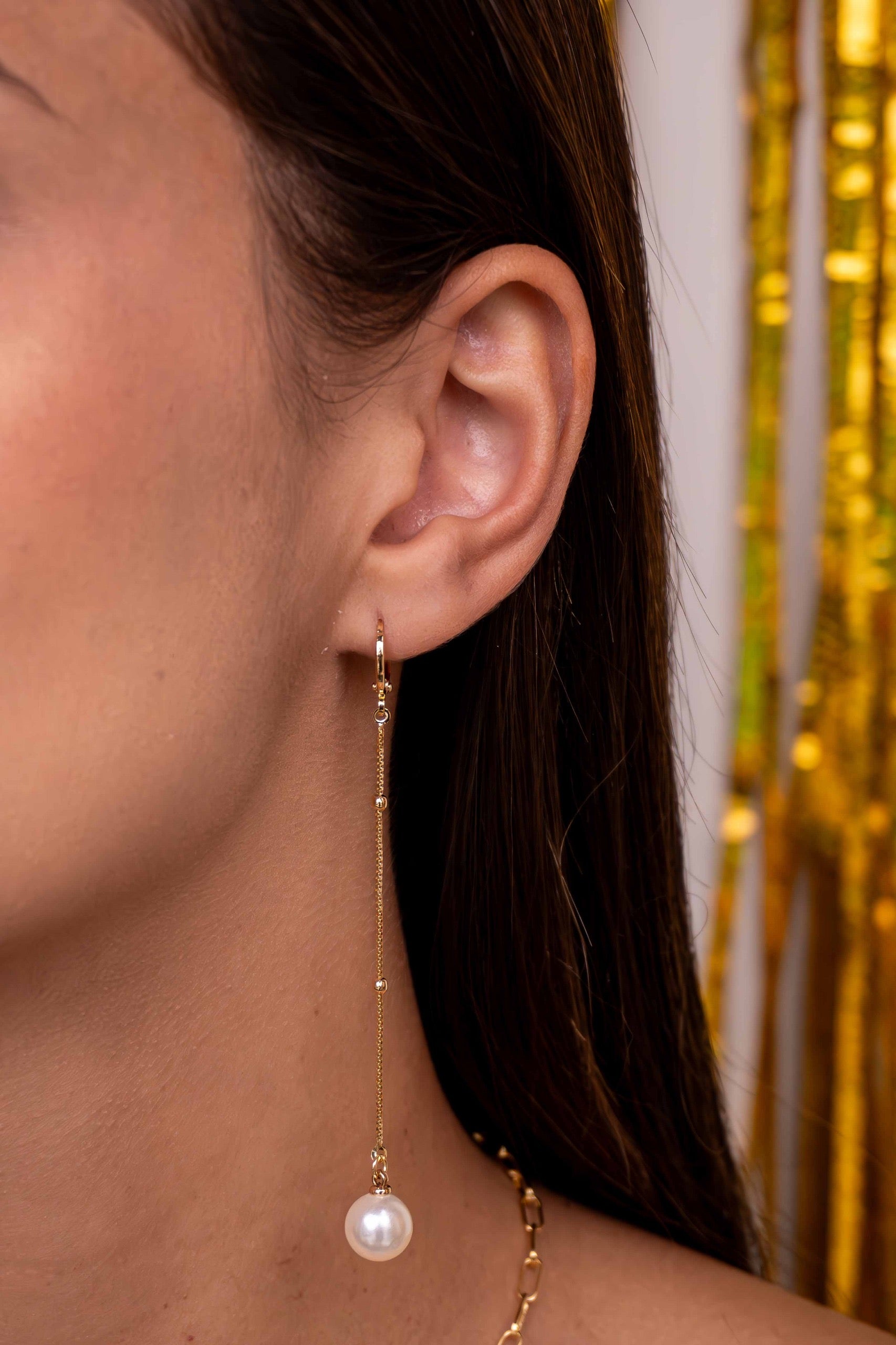 Pearl Chain Hoop Earrings